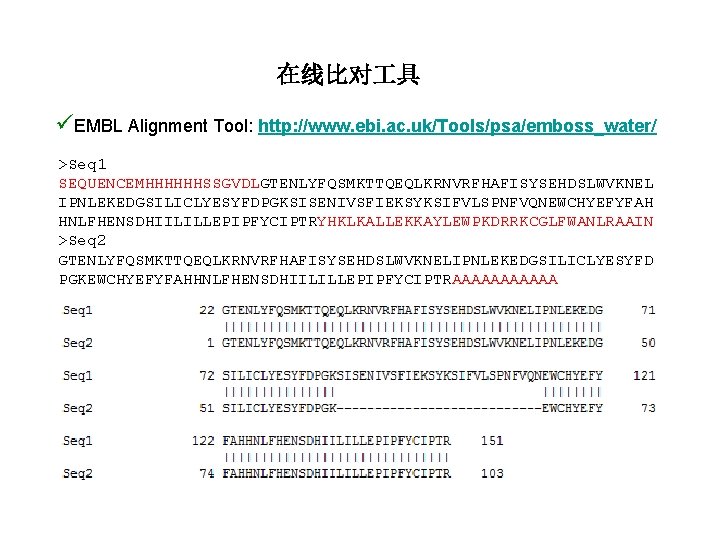 在线比对 具 üEMBL Alignment Tool: http: //www. ebi. ac. uk/Tools/psa/emboss_water/ >Seq 1 SEQUENCEMHHHHHHSSGVDLGTENLYFQSMKTTQEQLKRNVRFHAFISYSEHDSLWVKNEL IPNLEKEDGSILICLYESYFDPGKSISENIVSFIEKSYKSIFVLSPNFVQNEWCHYEFYFAH