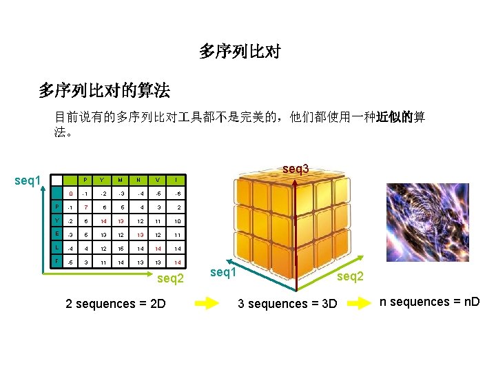 多序列比对的算法 目前说有的多序列比对 具都不是完美的，他们都使用一种近似的算 法。 seq 3 seq 1 P Y M 0 -1 -2