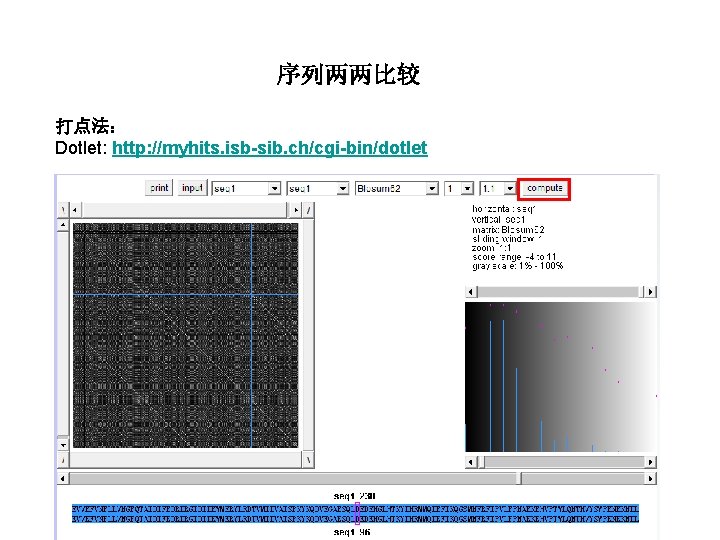 序列两两比较 打点法： Dotlet: http: //myhits. isb-sib. ch/cgi-bin/dotlet 