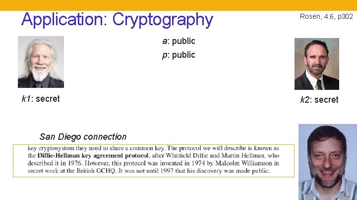 Application: Cryptography Rosen, 4. 6, p 302 a: public p: public k 1: secret