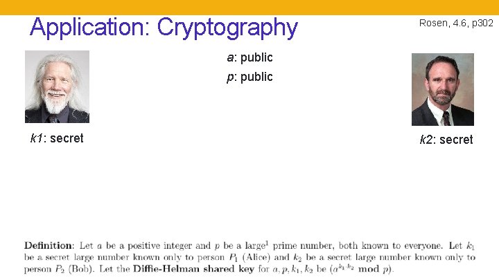 Application: Cryptography Rosen, 4. 6, p 302 a: public p: public k 1: secret