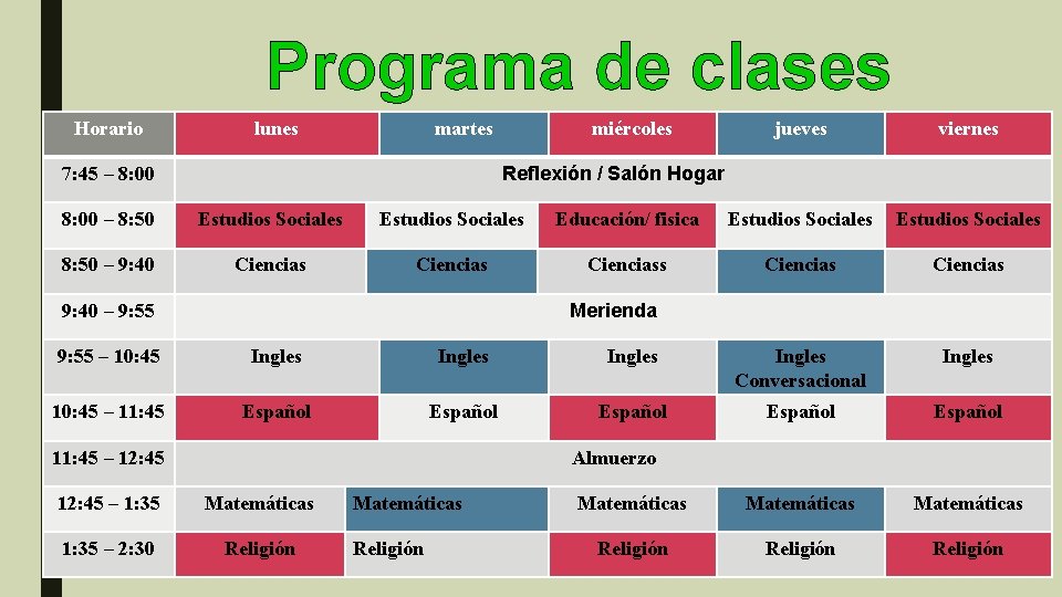 Programa de clases Horario lunes martes miércoles jueves viernes Reflexión / Salón Hogar 7: