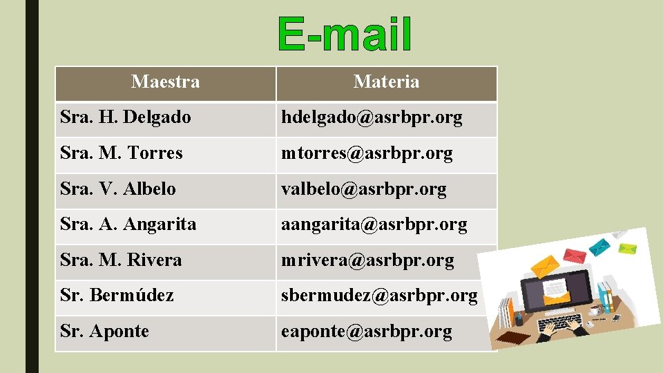 E-mail Maestra Materia Sra. H. Delgado hdelgado@asrbpr. org Sra. M. Torres mtorres@asrbpr. org Sra.