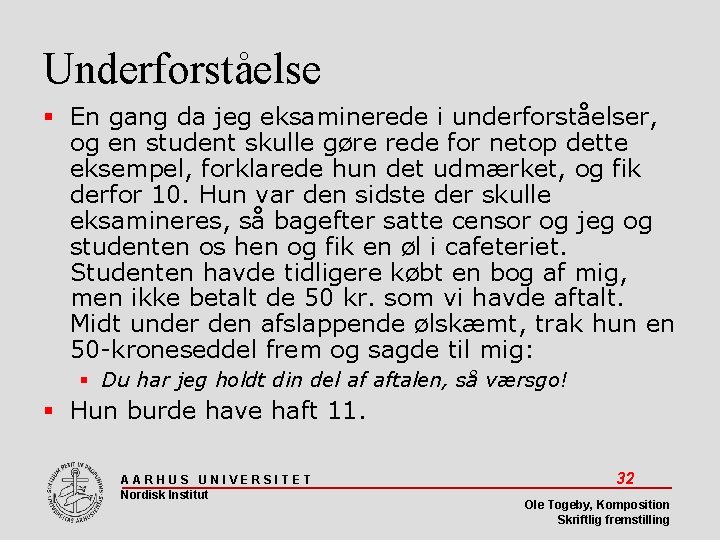 Underforståelse En gang da jeg eksaminerede i underforståelser, og en student skulle gøre rede