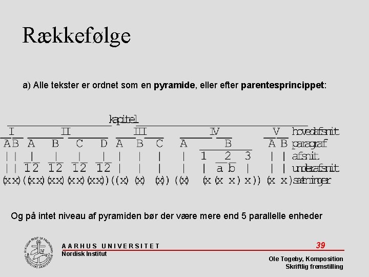 Rækkefølge a) Alle tekster er ordnet som en pyramide, eller efter parentesprincippet: Og på