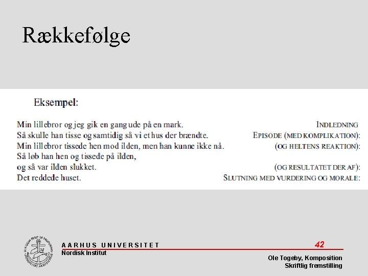 Rækkefølge AARHUS UNIVERSITET Nordisk Institut 42 Ole Togeby, Komposition Skriftlig fremstilling 