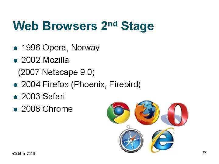 Web Browsers 2 nd Stage 1996 Opera, Norway l 2002 Mozilla (2007 Netscape 9.
