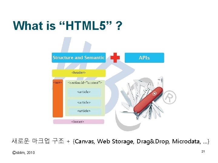 What is “HTML 5” ? 새로운 마크업 구조 + {Canvas, Web Storage, Drag&Drop, Microdata,