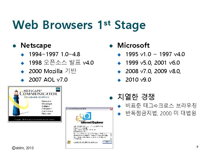 Web Browsers 1 st Stage l Netscape u u l 1994~1997 1. 0~4. 8