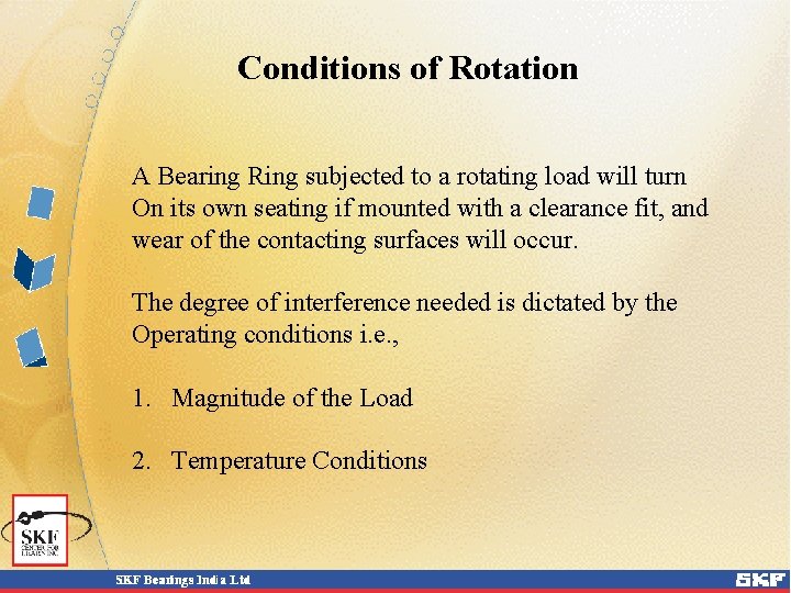 Conditions of Rotation A Bearing Ring subjected to a rotating load will turn On