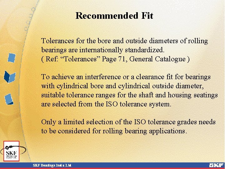 Recommended Fit Tolerances for the bore and outside diameters of rolling bearings are internationally