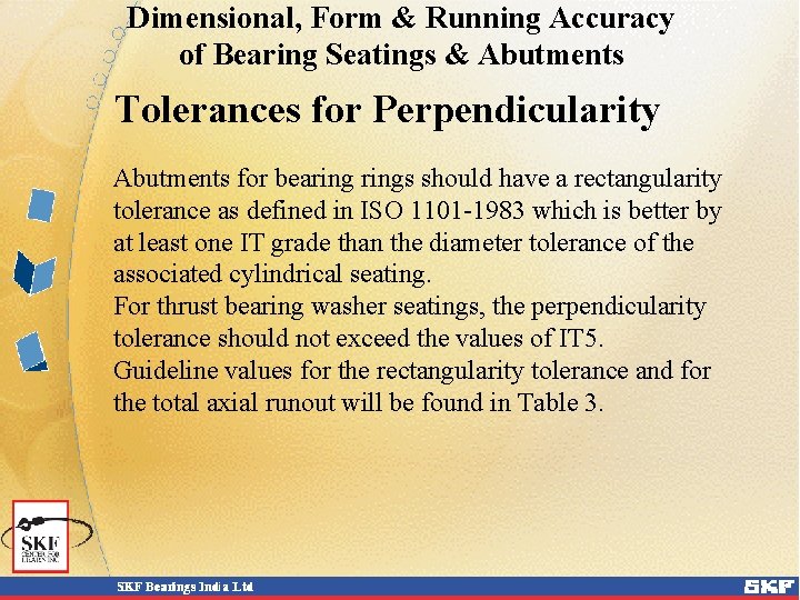 Dimensional, Form & Running Accuracy of Bearing Seatings & Abutments Tolerances for Perpendicularity Abutments