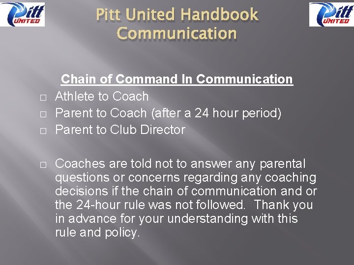Pitt United Handbook Communication � � Chain of Command In Communication Athlete to Coach