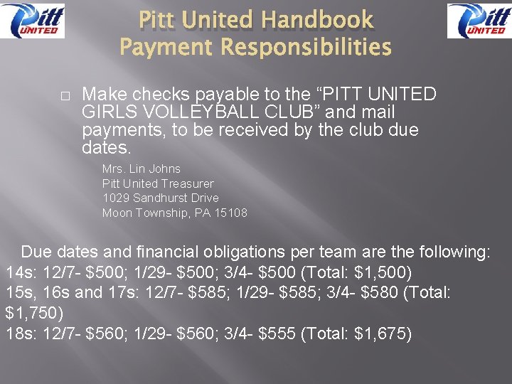 Pitt United Handbook � Make checks payable to the “PITT UNITED GIRLS VOLLEYBALL CLUB”