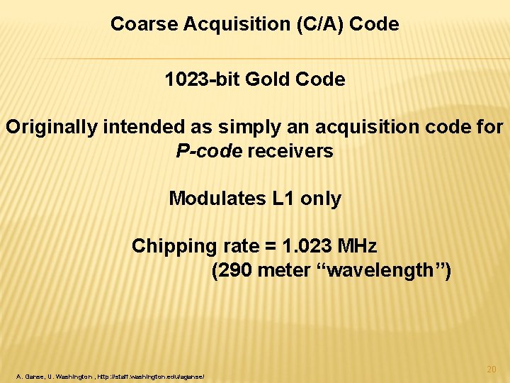 Coarse Acquisition (C/A) Code 1023 -bit Gold Code Originally intended as simply an acquisition