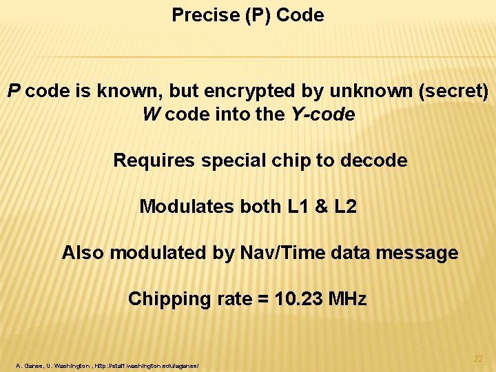 Precise (P) Code P code is known, but encrypted by unknown (secret) W code