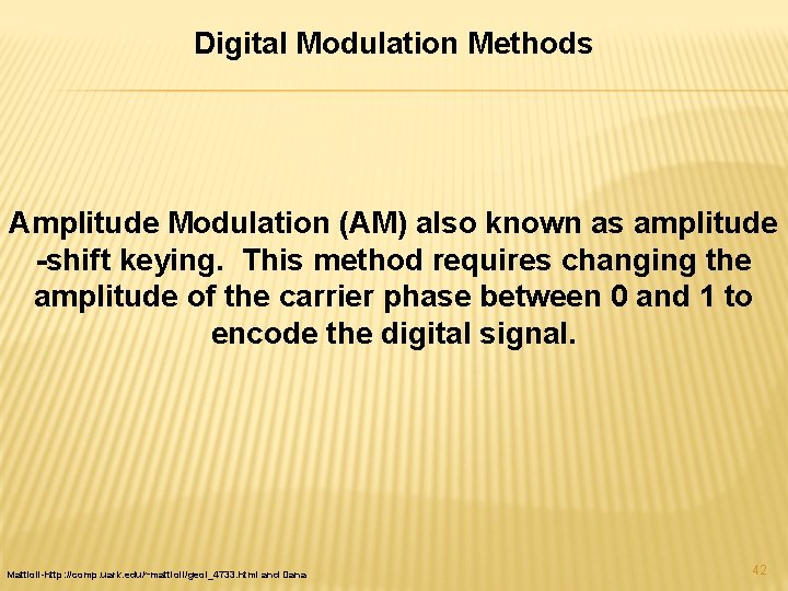 Digital Modulation Methods Amplitude Modulation (AM) also known as amplitude -shift keying. This method
