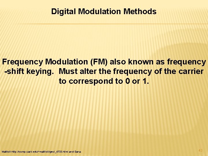 Digital Modulation Methods Frequency Modulation (FM) also known as frequency -shift keying. Must alter