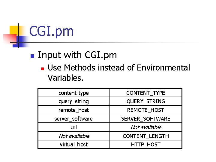 CGI. pm n Input with CGI. pm n Use Methods instead of Environmental Variables.