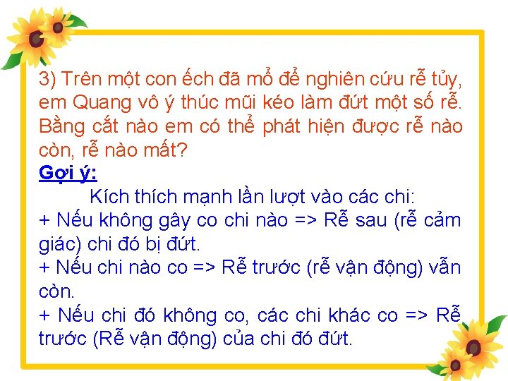 3) Trên một con ếch đã mổ để nghiên cứu rễ tủy, em Quang