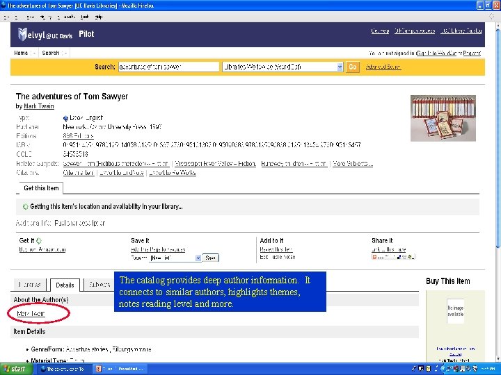 The catalog provides deep author information. It connects to similar authors, highlights themes, notes
