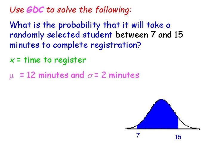Use GDC to solve the following: What is the probability that it will take