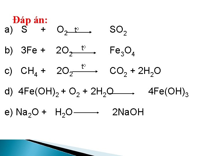 Đáp án: a) S + b) 3 Fe + c) CH 4 + O