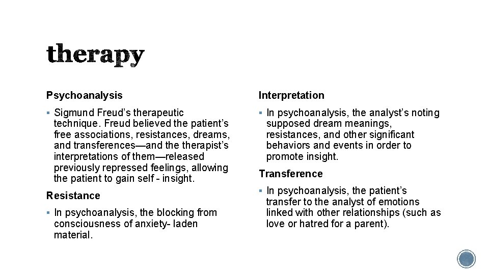 Psychoanalysis Interpretation § Sigmund Freud’s therapeutic § In psychoanalysis, the analyst’s noting technique. Freud