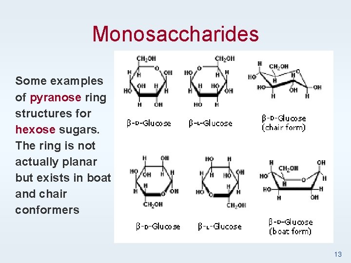 Monosaccharides Some examples of pyranose ring structures for hexose sugars. The ring is not