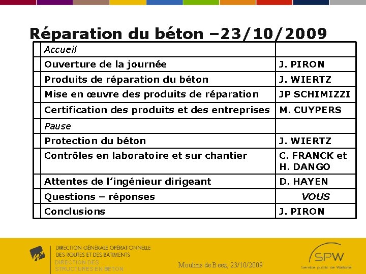 Réparation du béton – 23/10/2009 Accueil Ouverture de la journée J. PIRON Produits de