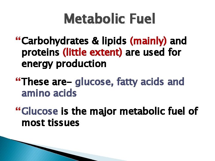 Metabolic Fuel Carbohydrates & lipids (mainly) and proteins (little extent) are used for energy