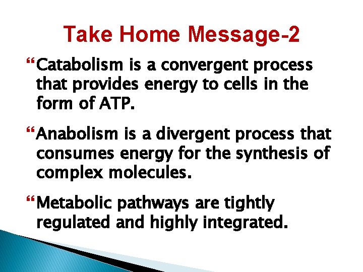 Take Home Message-2 Catabolism is a convergent process that provides energy to cells in