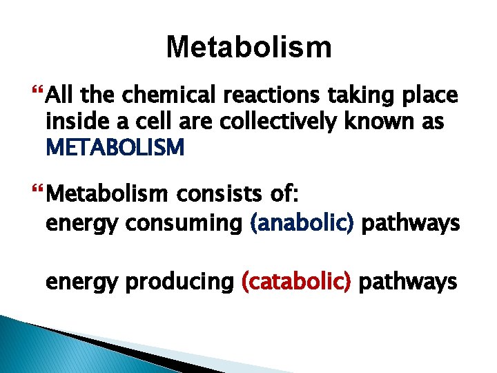 Metabolism All the chemical reactions taking place inside a cell are collectively known as