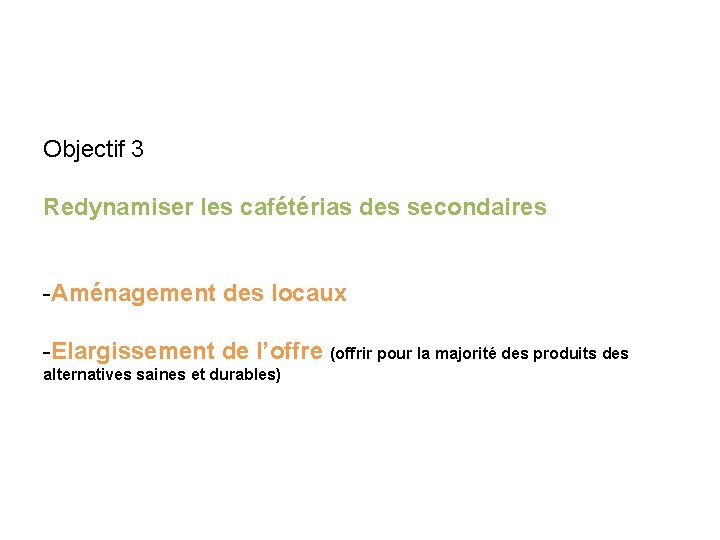 Objectif 3 Redynamiser les cafétérias des secondaires -Aménagement des locaux -Elargissement de l’offre (offrir