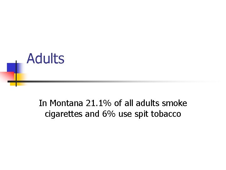 Adults In Montana 21. 1% of all adults smoke cigarettes and 6% use spit