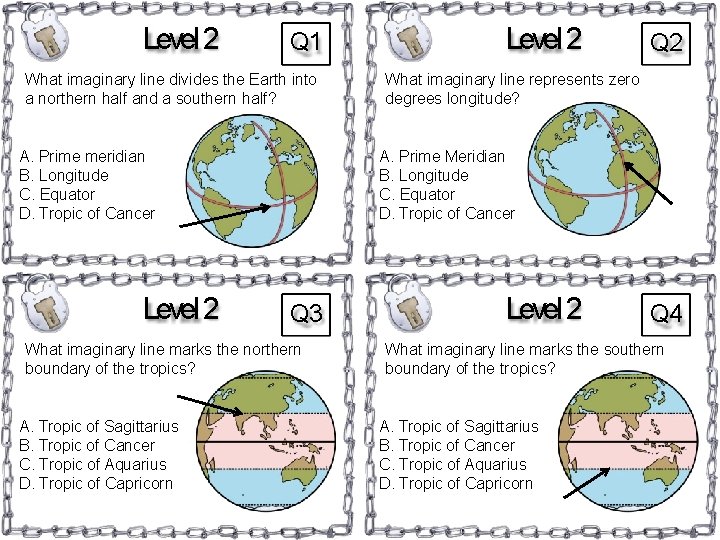 Level 2 Q 1 What imaginary line divides the Earth into a northern half