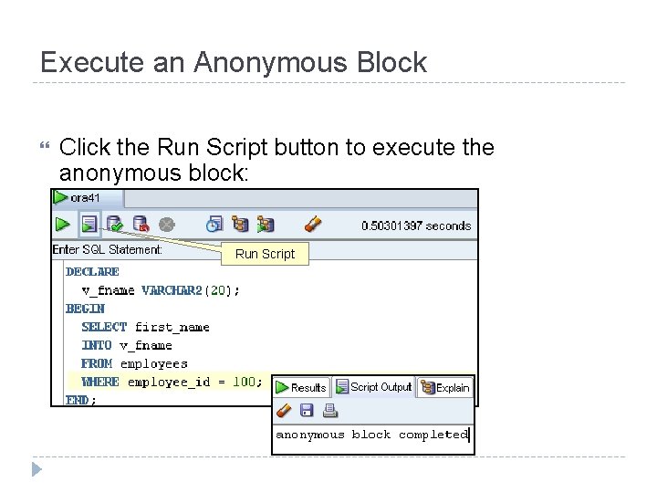 Execute an Anonymous Block Click the Run Script button to execute the anonymous block: