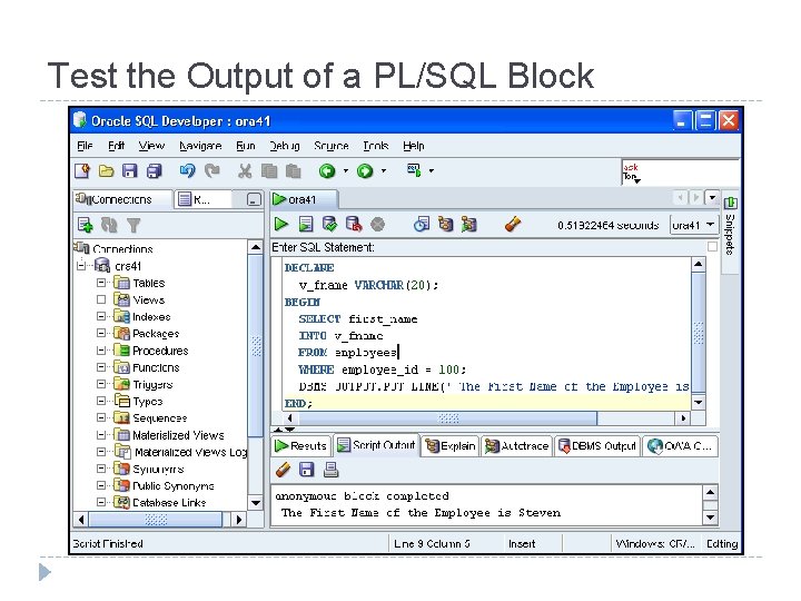 Test the Output of a PL/SQL Block 