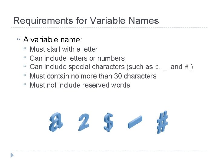 Requirements for Variable Names A variable name: Must start with a letter Can include