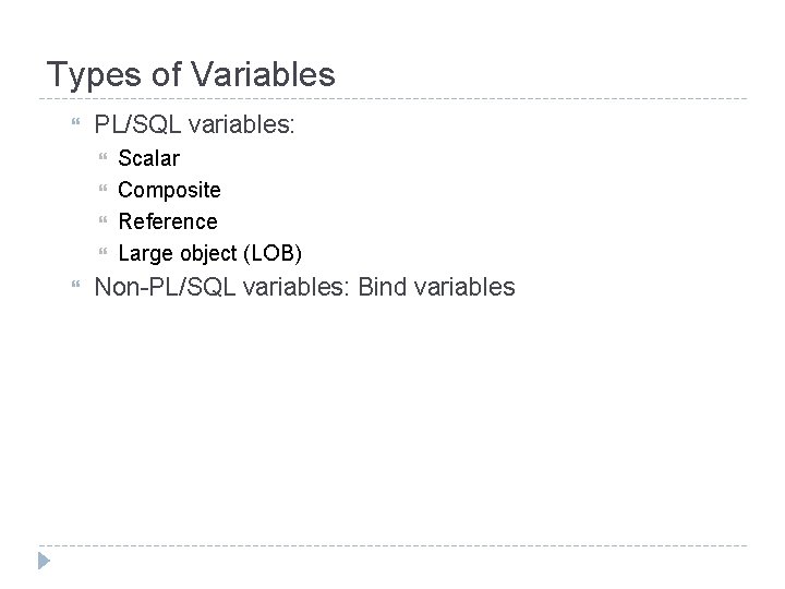Types of Variables PL/SQL variables: Scalar Composite Reference Large object (LOB) Non-PL/SQL variables: Bind