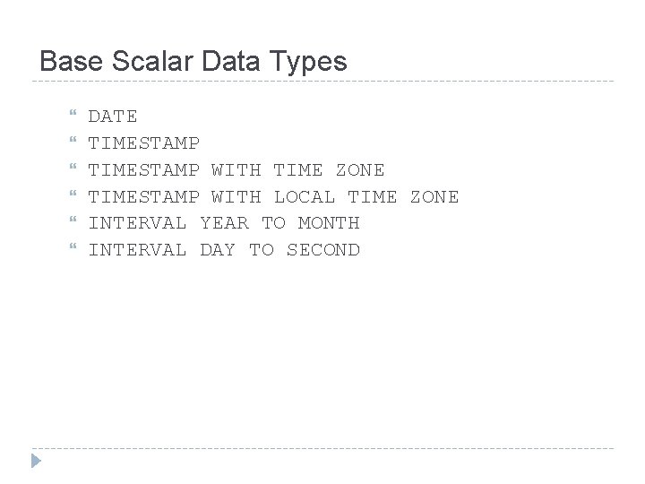 Base Scalar Data Types DATE TIMESTAMP WITH TIME ZONE TIMESTAMP WITH LOCAL TIME ZONE