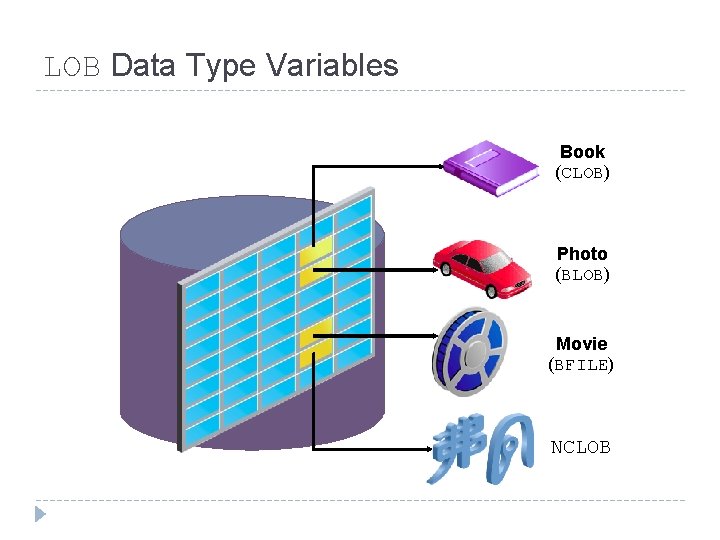LOB Data Type Variables Book (CLOB) Photo (BLOB) Movie (BFILE) NCLOB 