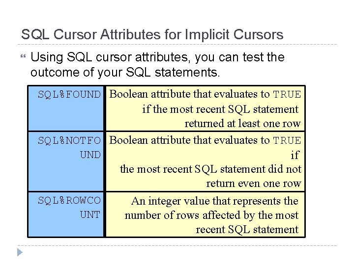 SQL Cursor Attributes for Implicit Cursors Using SQL cursor attributes, you can test the