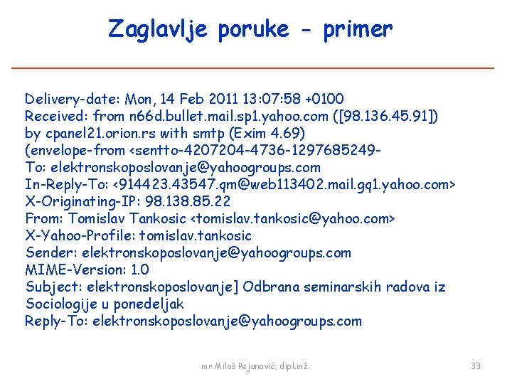 Zaglavlje poruke - primer Delivery-date: Mon, 14 Feb 2011 13: 07: 58 +0100 Received: