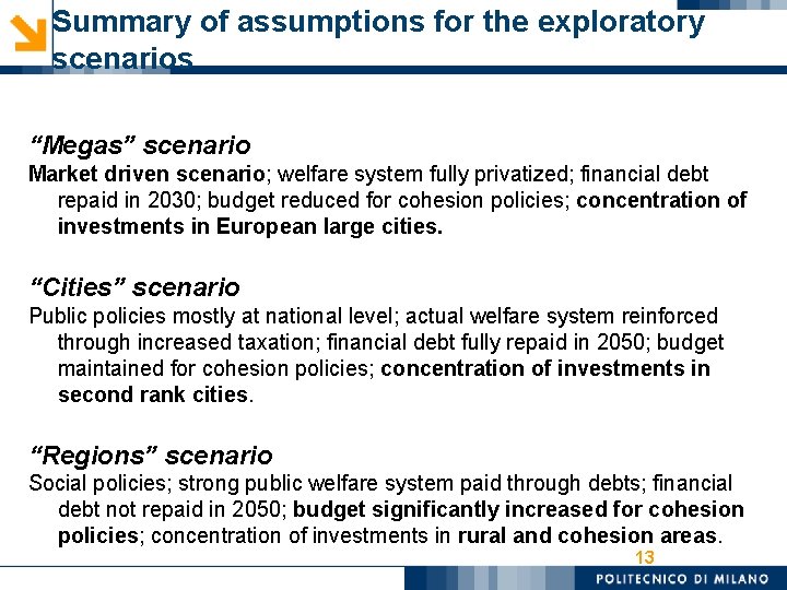 Summary of assumptions for the exploratory scenarios “Megas” scenario Market driven scenario; welfare system