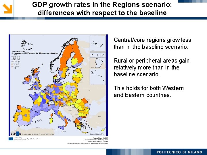 GDP growth rates in the Regions scenario: differences with respect to the baseline Central/core