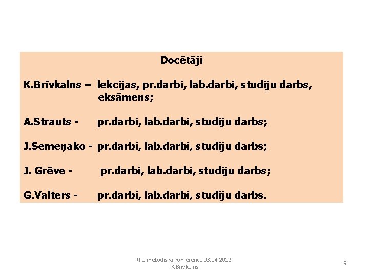 Docētāji K. Brīvkalns – lekcijas, pr. darbi, lab. darbi, studiju darbs, eksāmens; A. Strauts