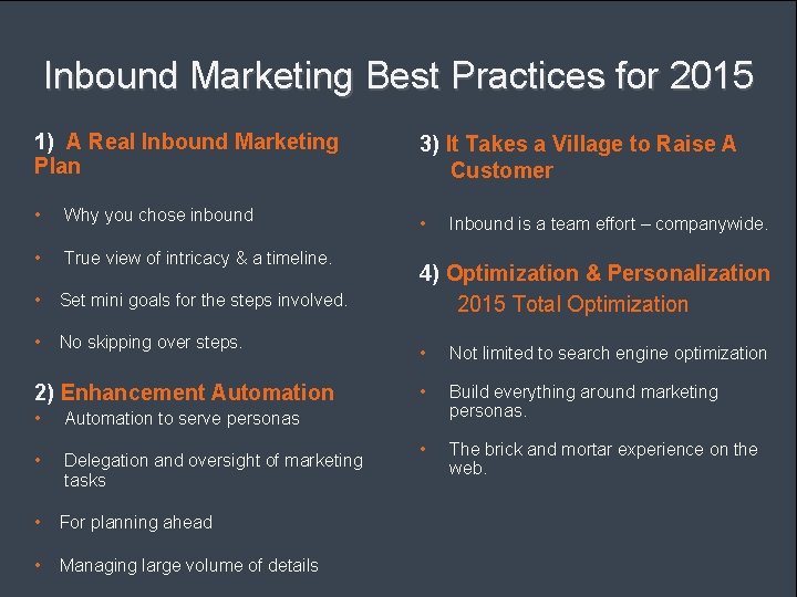 Inbound Marketing Best Practices for 2015 1) A Real Inbound Marketing Plan 3) It