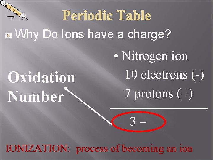 Periodic Table Why Do Ions have a charge? Oxidation Number • Nitrogen ion 10