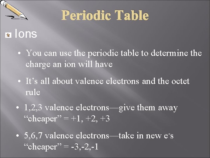 Periodic Table Ions • You can use the periodic table to determine the charge